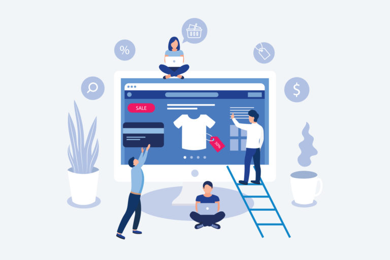 Online shopping design concept. Small people buy things on the site. Laptop screen with open site with goods t-shirt. Flat design. Vector illustration.