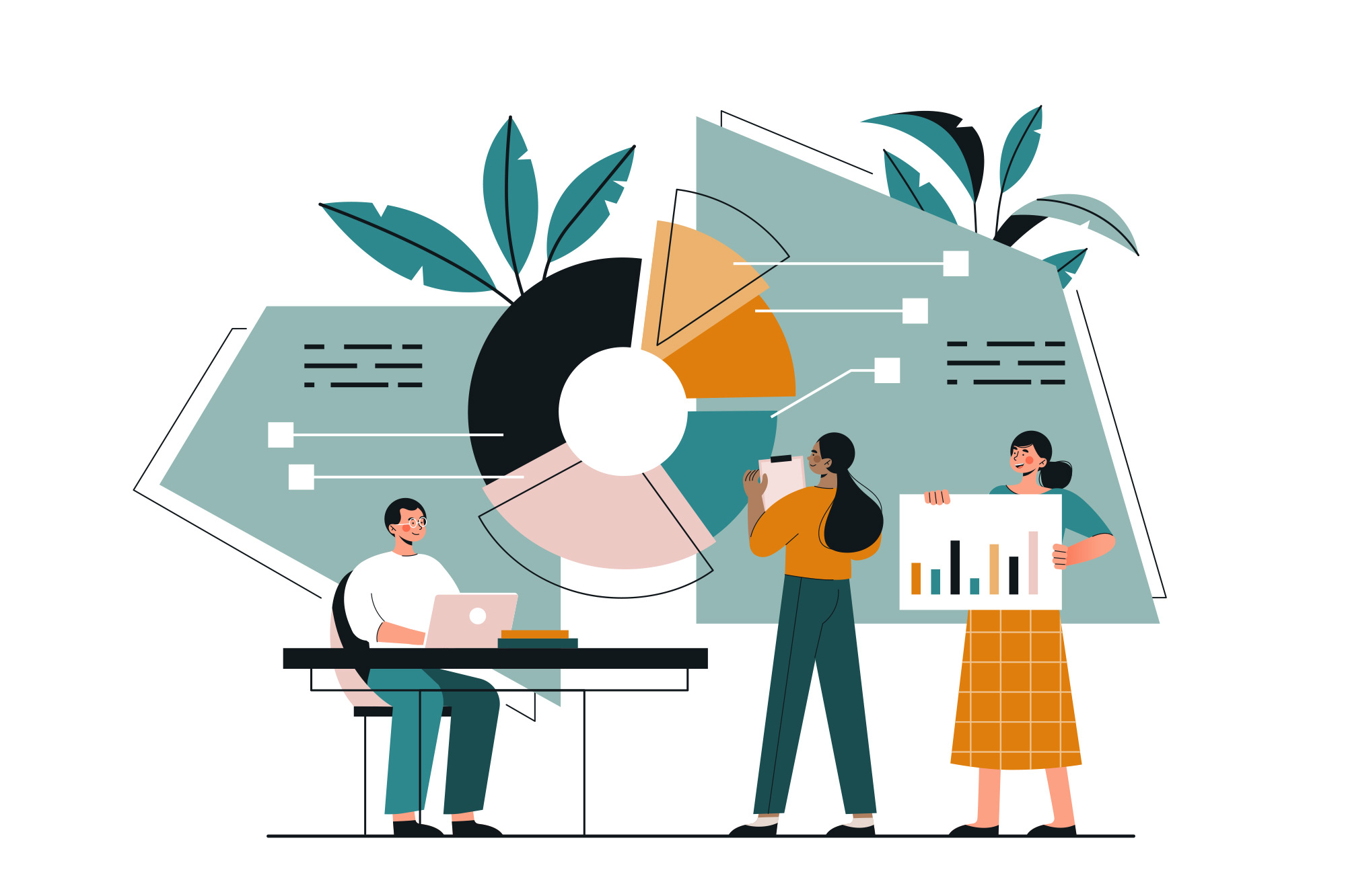 Business analysis and teamwork concept with diverse people analysing statistical charts and graphs and copyspace for text, colored vector illustration